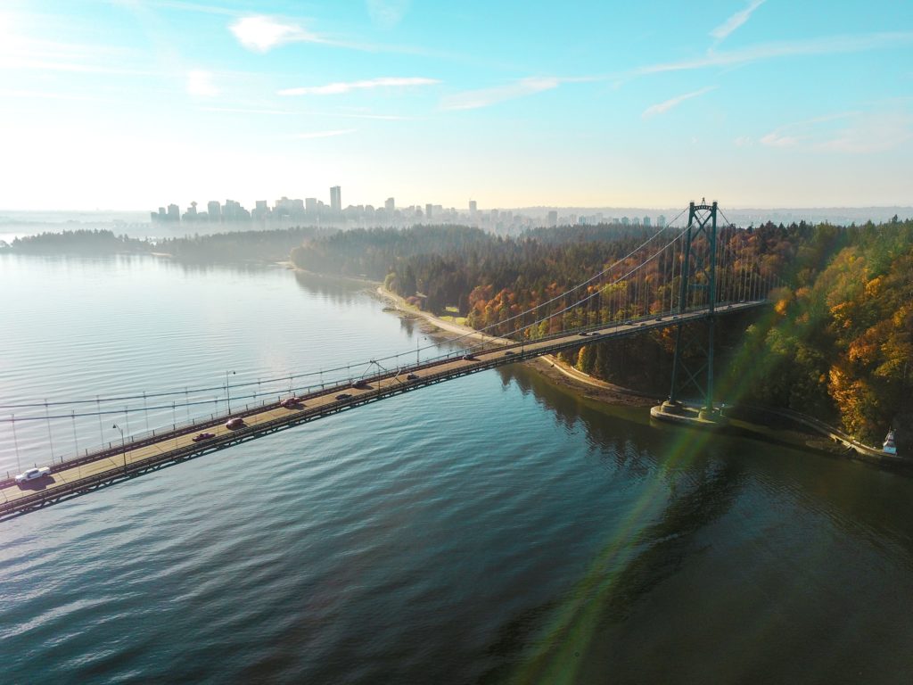 aerial view of bridge to Stanley Park during summer in Vancouver
