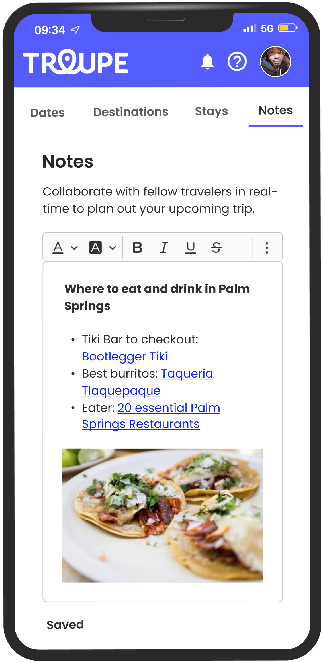 An iphone showing the Troupe UI with a screen that shows a collaborative note with links to suggested restaurants and ideas for places to eat on a group trip