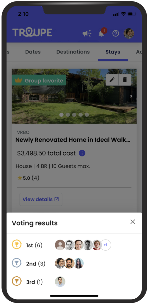An iphone showing the Troupe UI with a screen that shows the voting results for a VRBO that has been suggested for a group trip