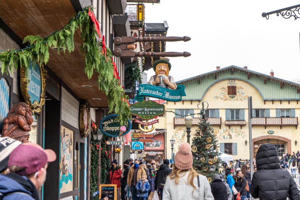 Leavenworth, one of the best Oktoberfest USA cities, view of downtown with shops featuring traditional European archtiecture