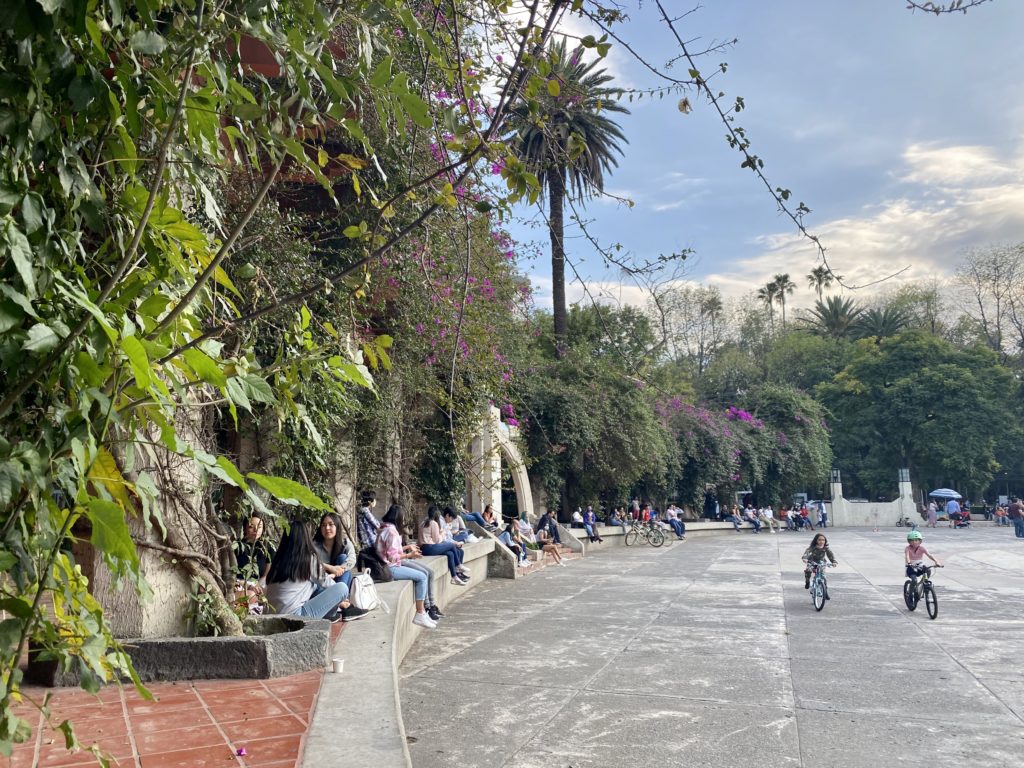 an open park with kids riding bikes inside an open cement area while people sit on the surrounding ledge. Parque Mexico in Roma Norte