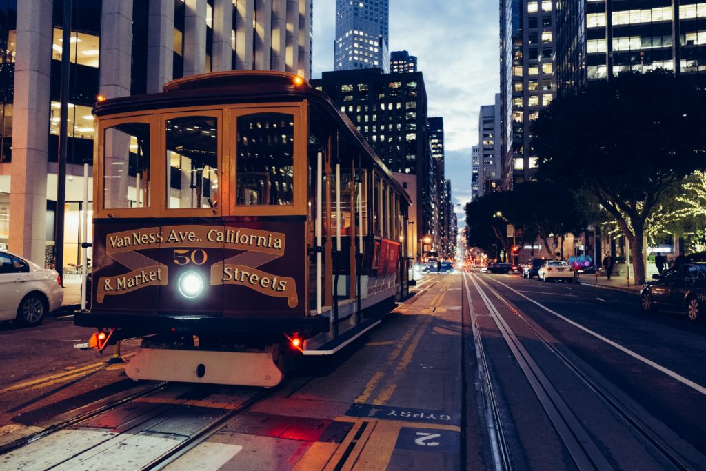 cable car at dusk in San Francisco 
